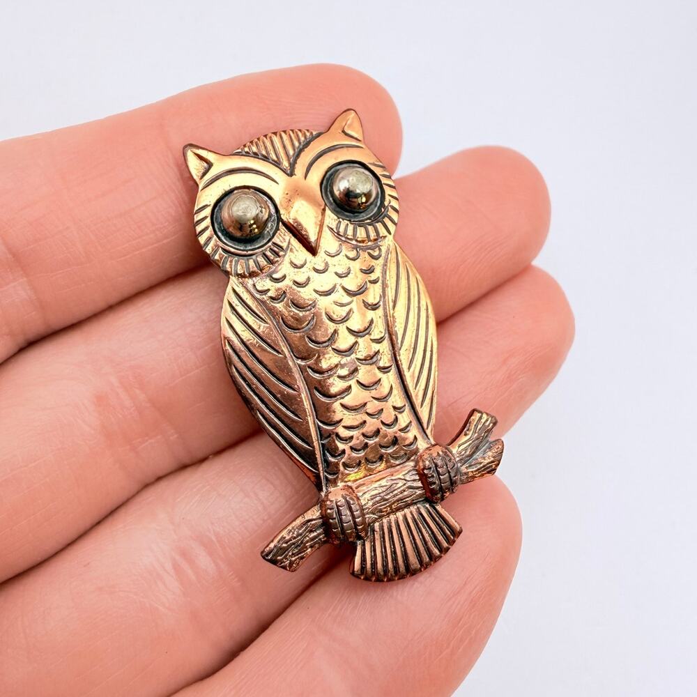 Vintage BELL TRADING Solid Oxidized Copper Owl Brooch Pin 1961-72 Boho Hippie